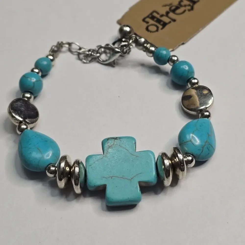 Treska Turquoise Cross Bracelet with Silver Accents Boho Jewelry New